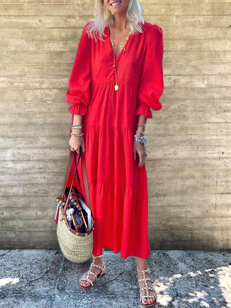 Plus size V Neck Plain Casual Dresses, Red, Maxi Dresses