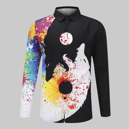 Men's Wolf Pattern Casual Long-sleeved Shirt, Color2, Blouses&Shirts