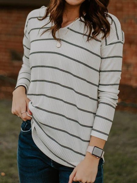 Striped Long Sleeves V Neck Plus Size Casual Tops, White, T-Shirts