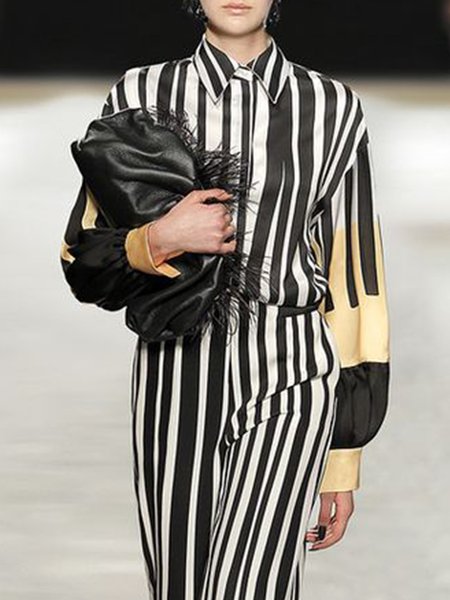 Daily Work Shirt Collar Elegant Striped Top, Stripe, Blouses and Shirts