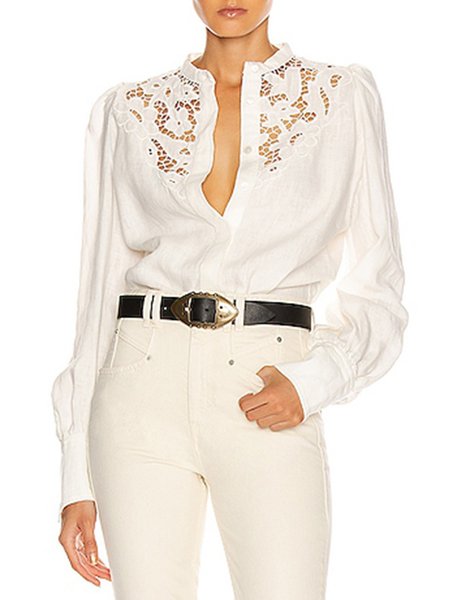 Solid Stand Collar Patchwork Eyelet Long sleeve Top, White, Blouses and Shirts