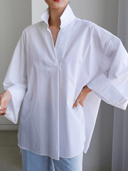 Spring Casual Loosen Plain Long sleeve Daily Lightweight Tops, White, Blouses and Shirts