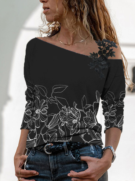 Floral Off The Shoulder Cotton Blends Shirts & Tops, Black, Tops