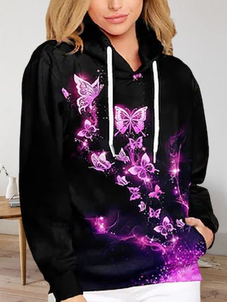 Crew Neck Butterfly Loosen Shirts & Tops, Purple, Tops