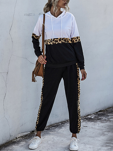 Casual Leopard Cotton Blends Color Block Suits, Black, Suits