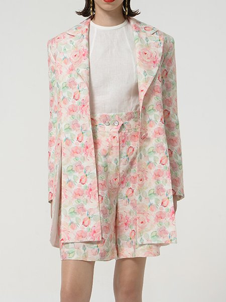 Elegant Floral Flat collar Work Outerwear, Light pink, Blazers