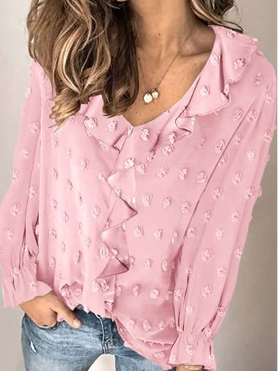 V Neck Casual Guipure Shirts & Tops, Pink, Blouses & Shirts