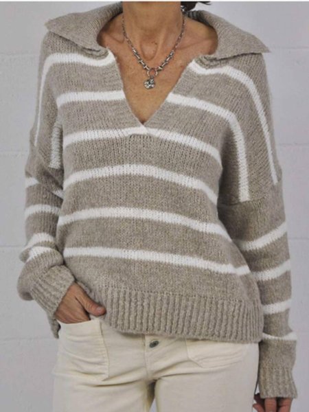 Long Sleeve Striped Lapel Casual Sweater, Taupe, Knitwear & Sweaters
