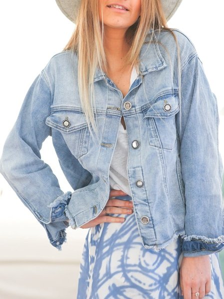 Solid Shirt Collar Casual Outerwear Casual washed blue denim jacket, Jackets