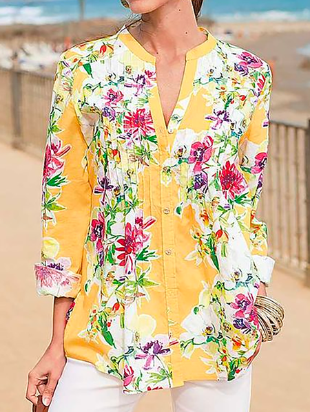 Plus size Casual Floral Long sleeve tops, Yellow, Tops