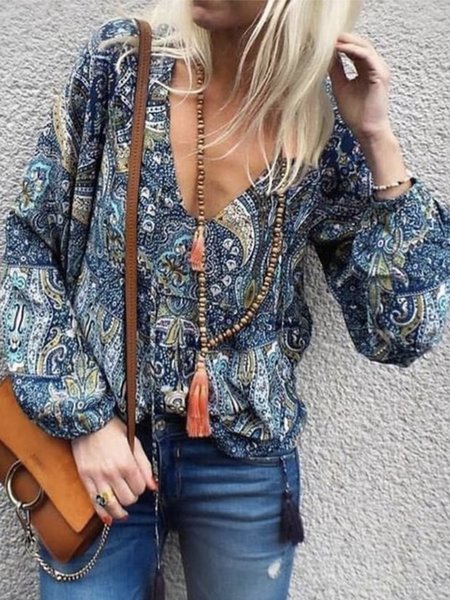 Loosen boho V Neck Shirts & Tops, Dark blue, Tops