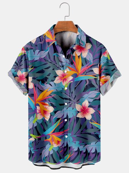 Leisure resort style floral print shirt, As picture, Short Sleeves Shirts