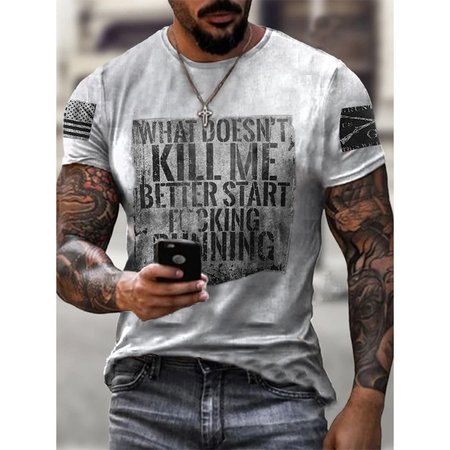 Casual round neck text print pullover men's T-shirt, White, T-shirt