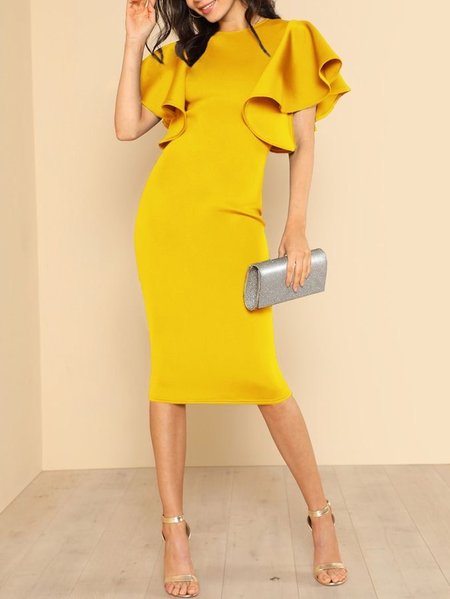 Round Neck Elegant Slim Fit Dress, Yellow, Midi Dresses