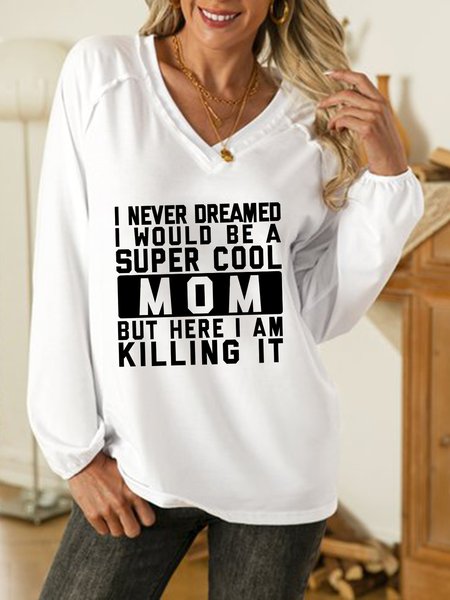 Super Cool Mom Printed Casual V Neck Loosen Shirts & Tops, White, Tops