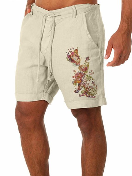 Plant Butterfly Cat lie Fallow Based linen Shorts, As picture, Men's shorts
