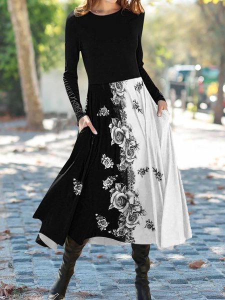 Holiday Casual Floral Print Long Sleeve Round Neck Long Dresses, Black, Maxi Dresses
Holiday Casual Floral Print Long Sleeve Round Neck Long Dresses, Black, Maxi Dresses