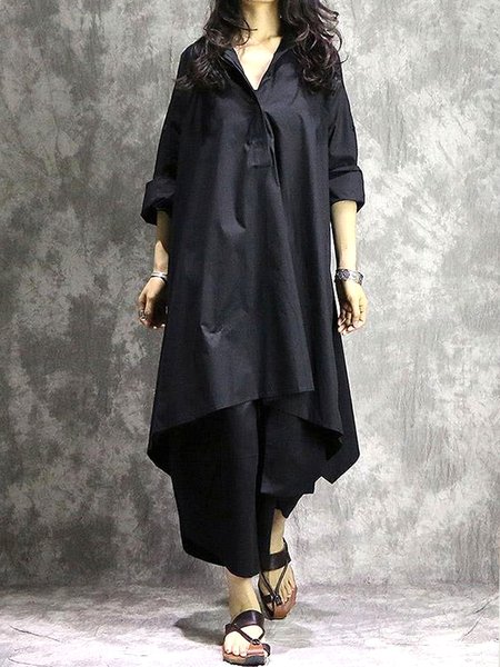 Plain Shirt Collar Loosen Midi Dress, Black, Midi Dresses