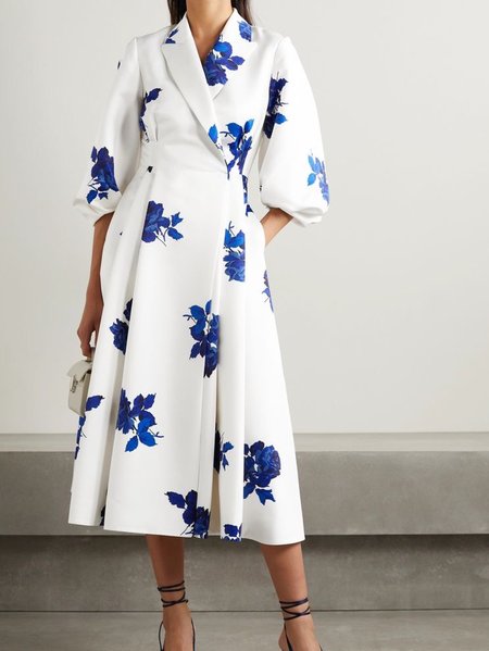 Flat Collar Regular fit Elegant Floral Dress, White, Midi Dresses