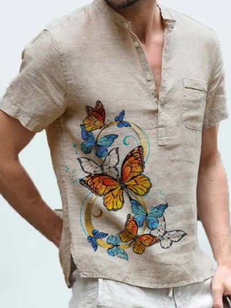 Retro Casual Butterfly Print Cotton And Linen Shirt, As picture, Shirts & Blouse
