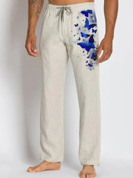 American Casual Letters Butterfly Print Linen Casual Trousers, As picture, Men's pants