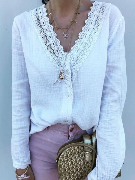 Casual Solid V Neck Long Sleeve Shirts & Tops, White, Tops