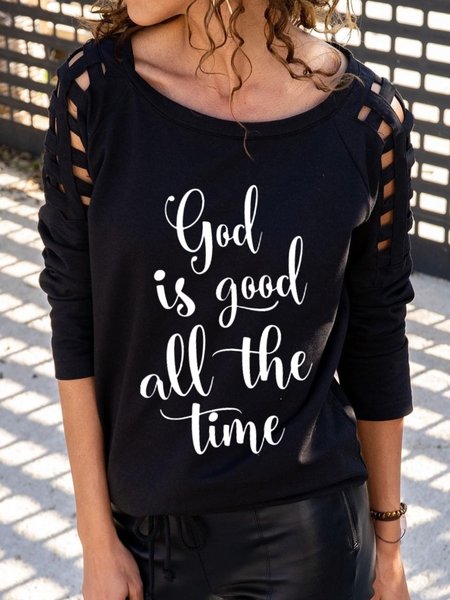 Casual Long Sleeve Round Neck Plus Size Printed Tops T-shirts, Black, T-Shirts