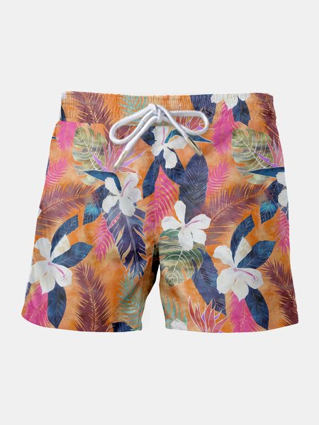 Resort-Inspired Hawaiian Cropped Beach Shorts With Palm Leaves And Floral Side Pockets, As picture, Men's shorts