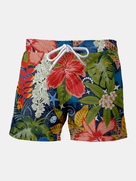 Resort-Inspired Hawaiian Cropped Beach Shorts With Palm Leaves And Floral Side Pockets, As picture, Men's shorts