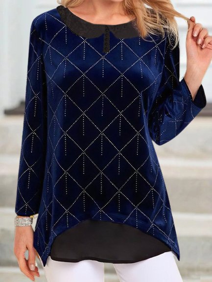 Velvet Geometric Pattern Long Sleeve Doll collar Plus Size Casual Tops, Blue, T-Shirts
Velvet Geometric Pattern Long Sleeve Doll collar Plus Size Casual Tops, Blue, T-Shirts