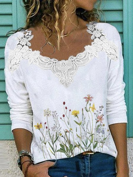 Plants Cotton Blends Crew Neck Long Sleeve T-shirt, White, T-Shirts