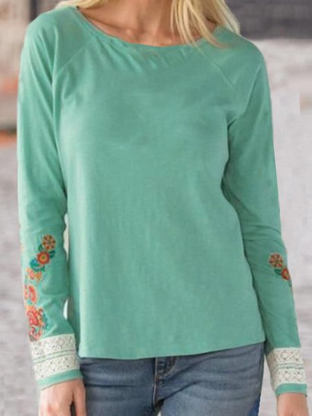 Floral Cotton Blends Loosen Crew Neck Boho Shirts & Tops, Blue, T-Shirts