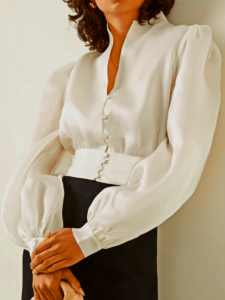 Spring Regular Fit V Neck Long sleeve Lightweight Tops, White, Tops