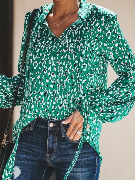 Casual Long Sleeve Lapel Plus Size Leopard Tops, Green, Tops
