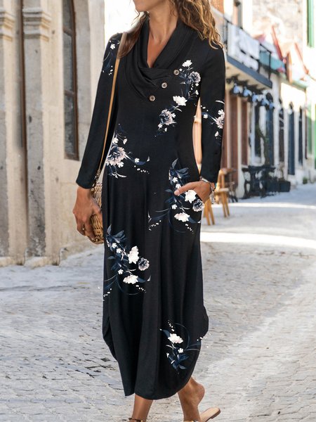 Loosen Cowl Neck Casual floral Dresses, Black, Maxi Dresses