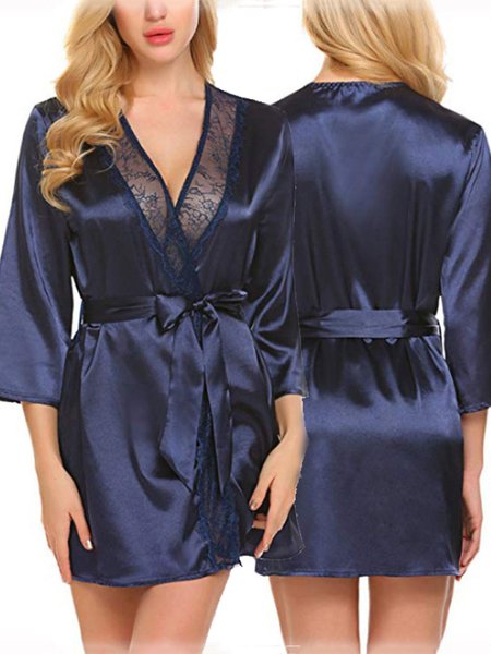 

Sexy Lace Jacket Bathrobe Thong Pajama Set Plus Size, Royal blue, Pajamas