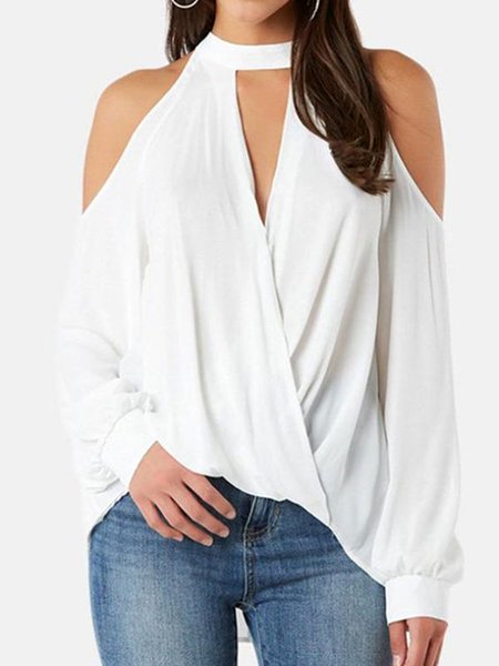Solid Regular Fit Halter Long sleeve Top, White, Tops
