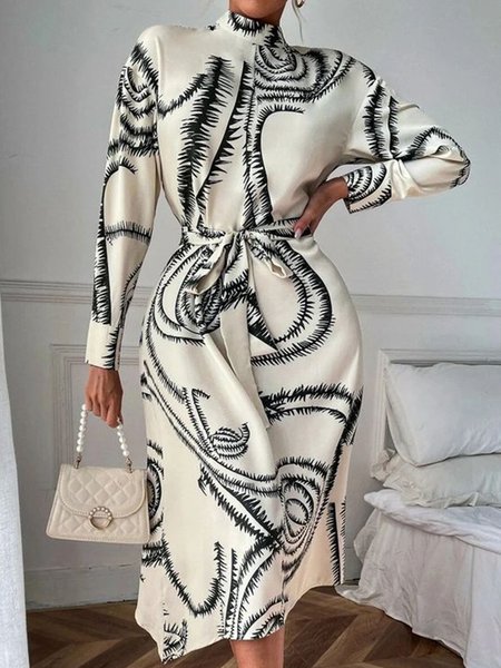 Stylewe Satin Natural Daily Abstract Stand Collar Dress, White, Midi Dresses