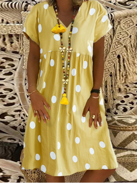 Trendy Polka Dot V-neck Short Sleeve Dress Mid-length Dress, Yellow, Mini Dresses