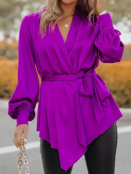 Bishop Sleeve V Neck Regular Fit Top, Purple red, Tops