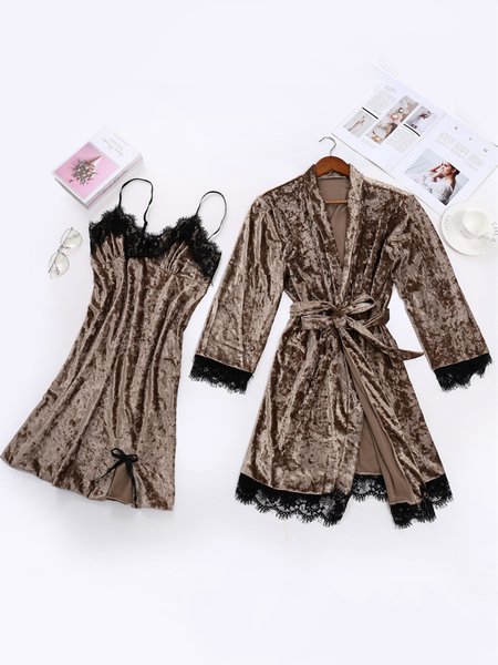 Gold Velvet Lace Trim Nightgown Suit Plus Size, Coffee, Pajamas