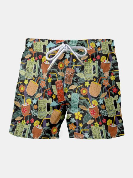 Resort-Inspired Hawaiian Cropped Beach Shorts With Palm Leaves And Floral Side Pockets, As picture, Men's shorts