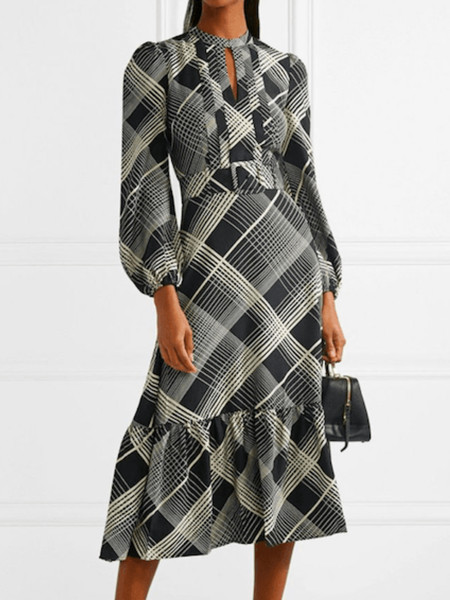 Spring Long sleeve Grid Stand Collar Lightweight Dresses, Gray, Midi Dresses
Spring Long sleeve Grid Stand Collar Lightweight Dresses, Gray, Midi Dresses