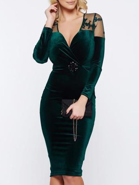 Solid Elegant Skinny Long Sleeve Midi Dress, Green, Midi Dresses