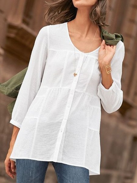 Plus Size Casual Loosen Crew Neck Solid Three Quarter Shirts & Tops, White, Tops