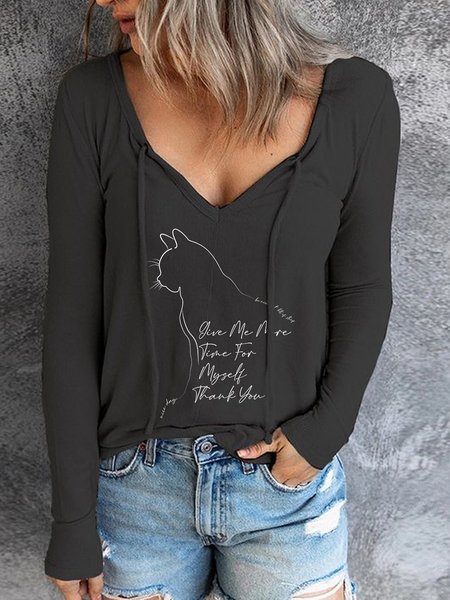 Funny cat text print ladies spring design tie rope top, Multicolor, Tops