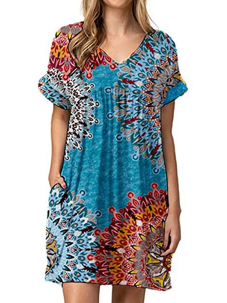 Floral/Tribal Printed Short Sleeves V Neck Short Short sleeve Knit Dress, Blue, Mini Dresses
Floral/Tribal Printed Short Sleeves V Neck Short Short sleeve Knit Dress, Blue, Mini Dresses