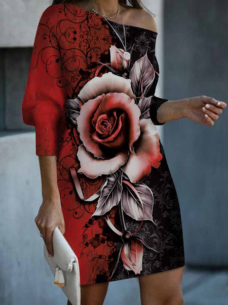 Regular Fit Cotton Blends Floral Batwing Dresses, Red, Floral Dresses
