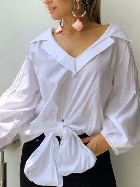 Casual Plain Lapel Loosen Daily Top, White, Tops