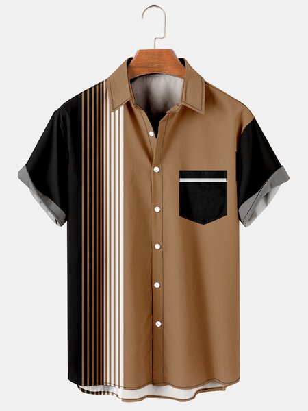 Retro Strips Graphics Short Sleeve Casual Men's Shirt, Black, Men's Floral shirt